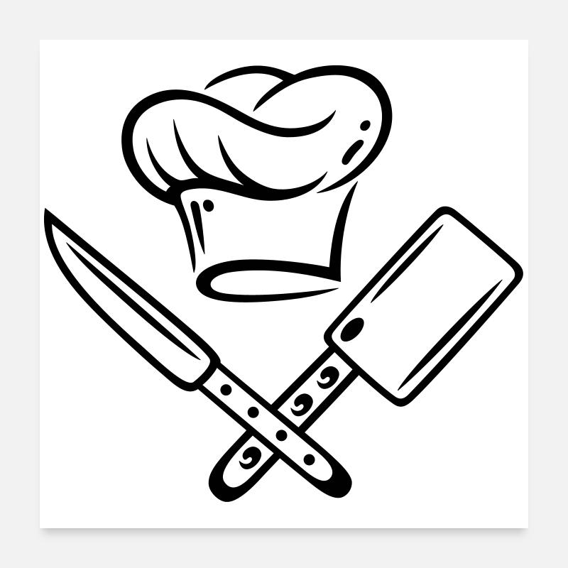 Kochen, Kochmütze mit Messer - Poster 60x60 cm - Weiß