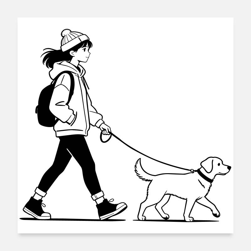 Gassi gehen mit dem Hund Poster 60x60 cm