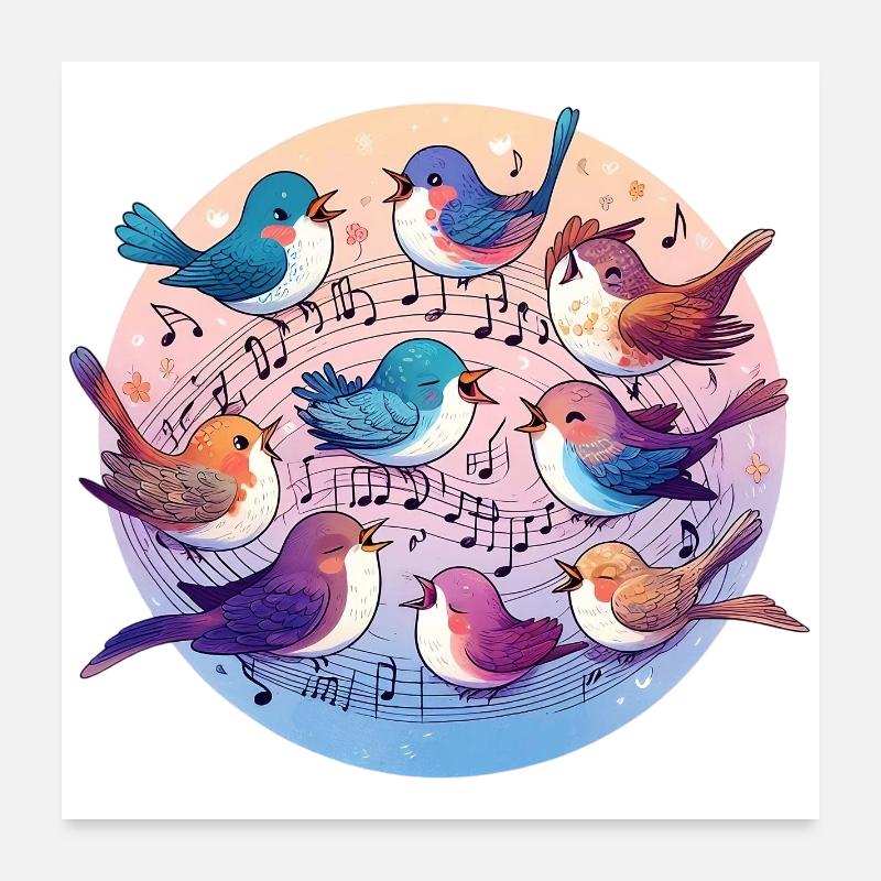 Vögel singen auf Noten Poster 60x60 cm