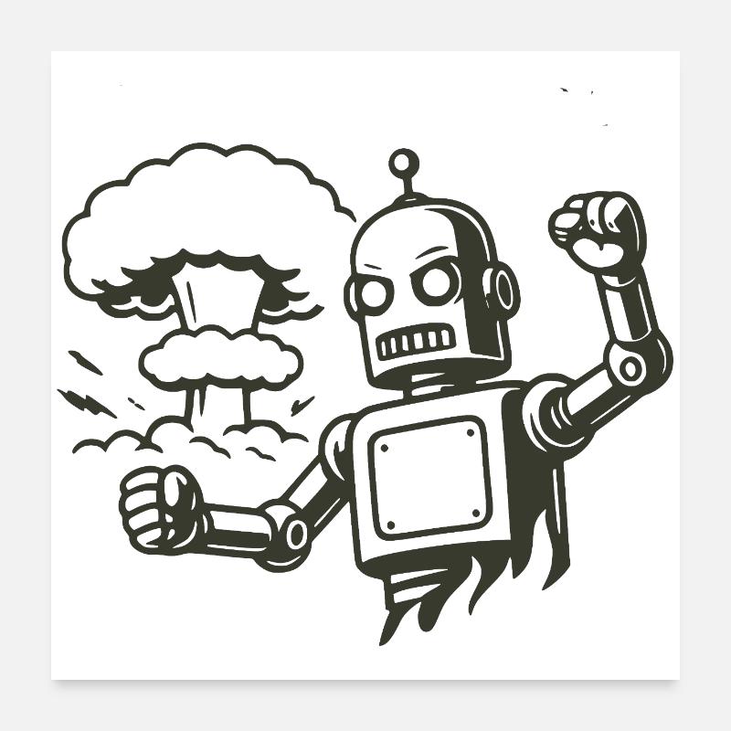 Robot rétro devant un nuage d’explosion Poster 60 x 60 cm