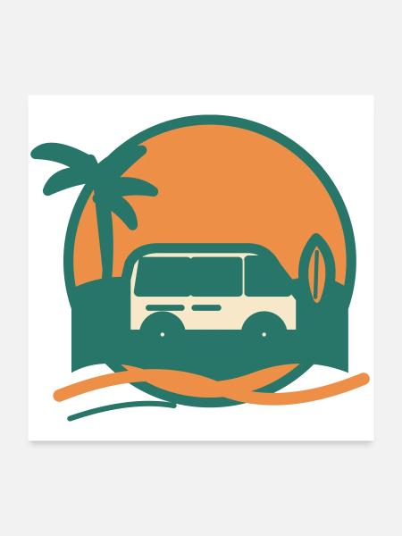 Sonnenuntergang Surfbus am Strand - Poster 60x60 cm - Weiß