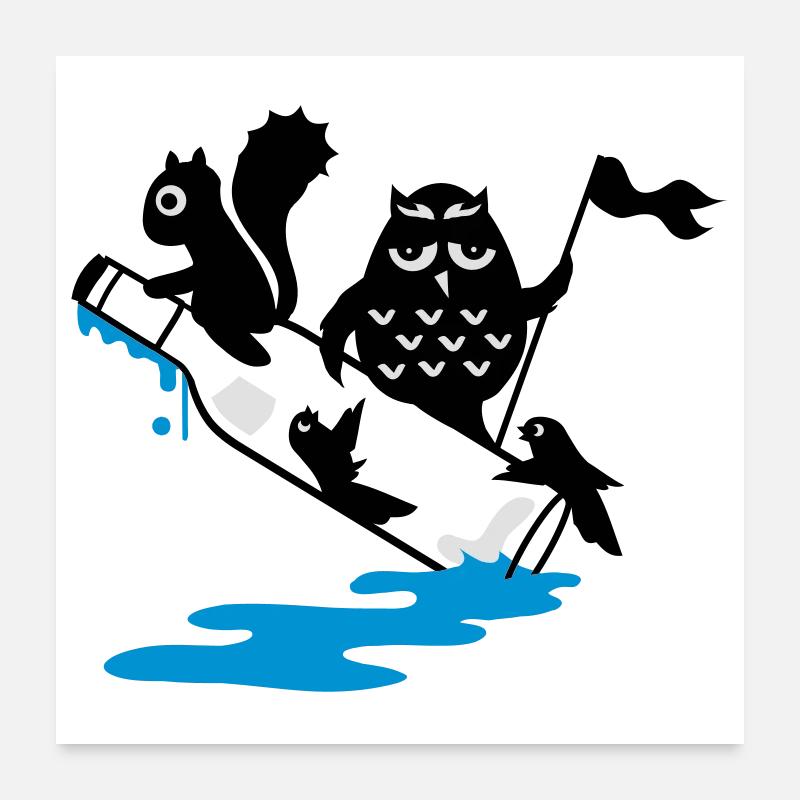 Flaschenpost mit den Waldtieren Poster 60x60 cm