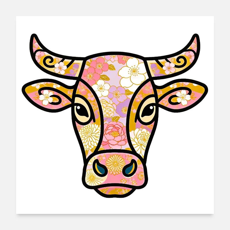 Vache florale pastel bohème Poster 60 x 60 cm