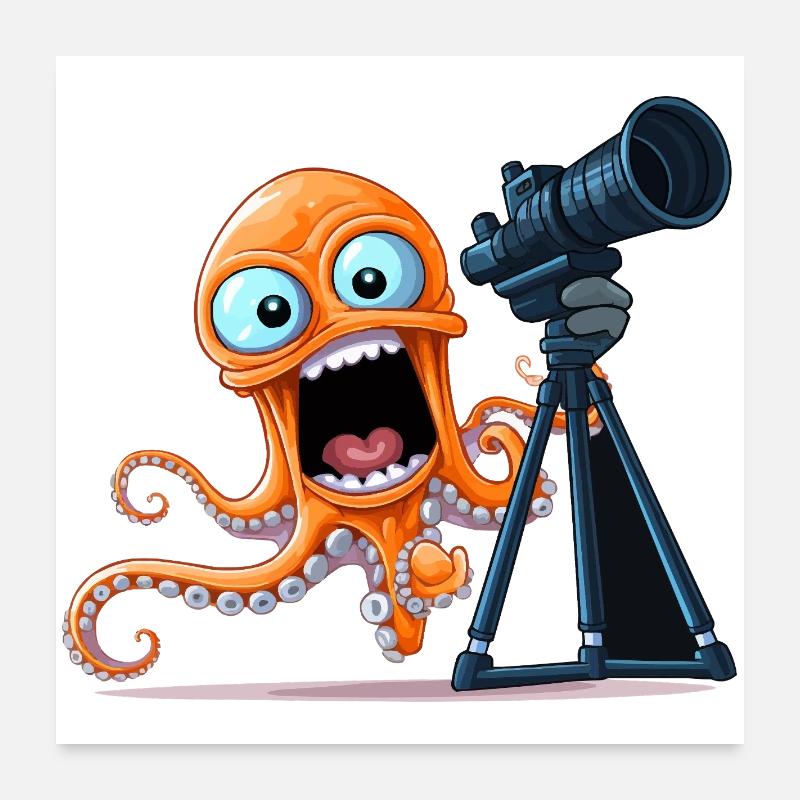 Orange Octopus Photographer with Camera Poster 24" x 24" (60x60 cm)