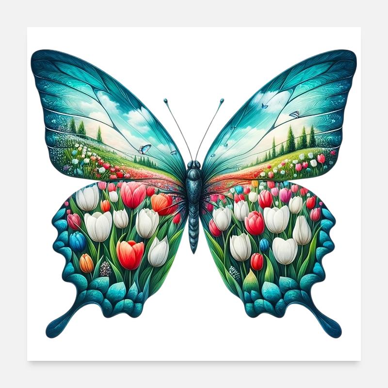Fleurs papillon tulipes tulipe Poster 60 x 60 cm