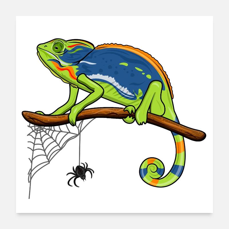 Chamäleon auf Ast mit Spinnennetz Poster 60x60 cm