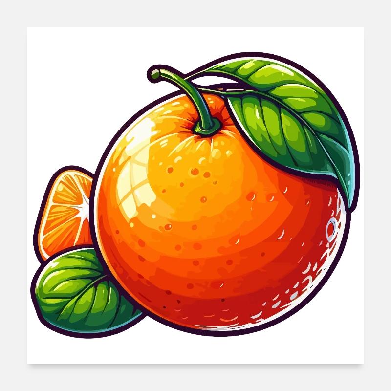 Illustration einer Mandarine mit grünen Blättern Poster 60x60 cm