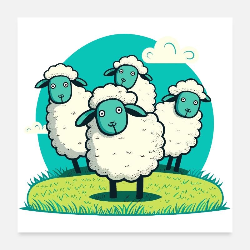Rond d’agneau de dessin animé sur herbe - Poster 60 x 60 cm - blanc