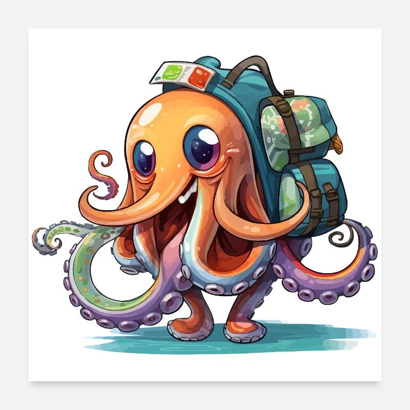 Oktopus Entdecker mit Rucksack Poster 60x60 cm
