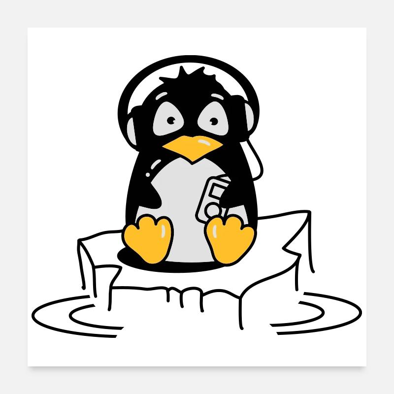Cooler Pinguin mit Kopfhörern auf Eis - Poster 60x60 cm - Weiß
