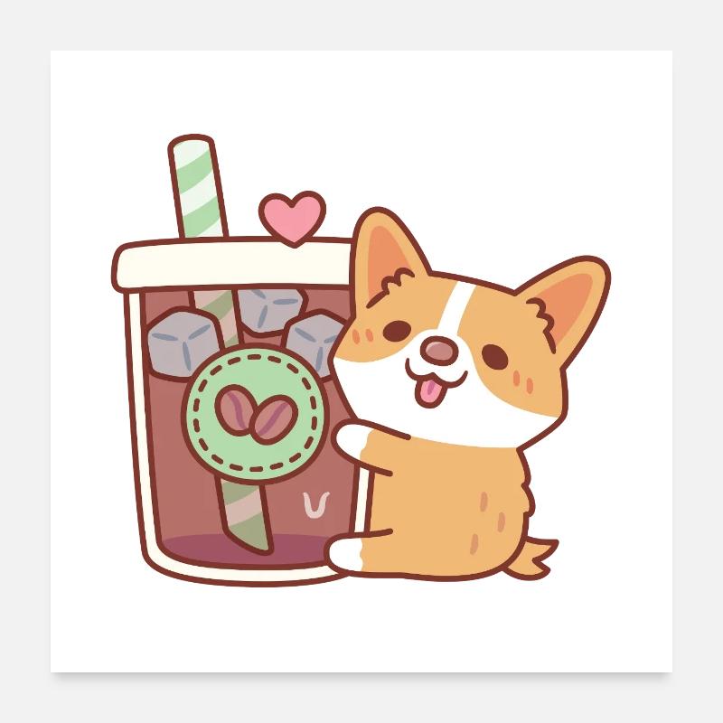 Cute Corgi Puppy Hugging Iced Coffee Poster 24" x 24" (60x60 cm)