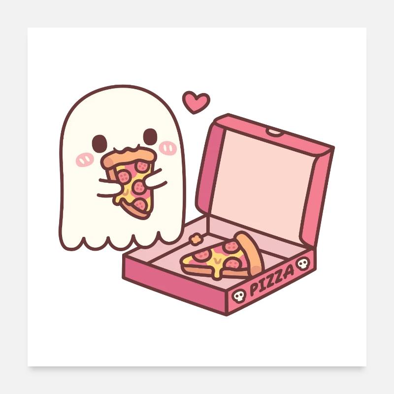Fantôme mignon mangeant de la pizza drôle Poster 60 x 60 cm