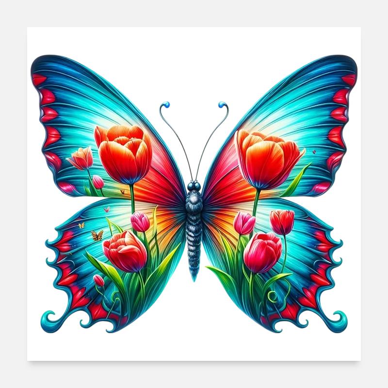 Fleurs papillon tulipes tulipe Poster 60 x 60 cm