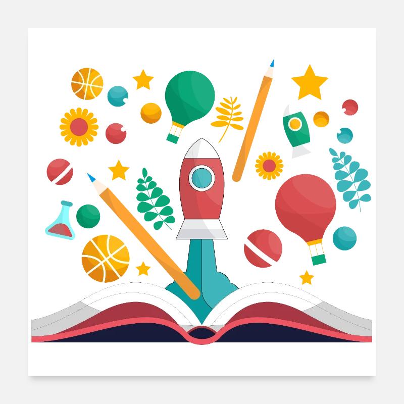 Open Book with School Objects, Learning and Educat Poster 24" x 24" (60x60 cm)