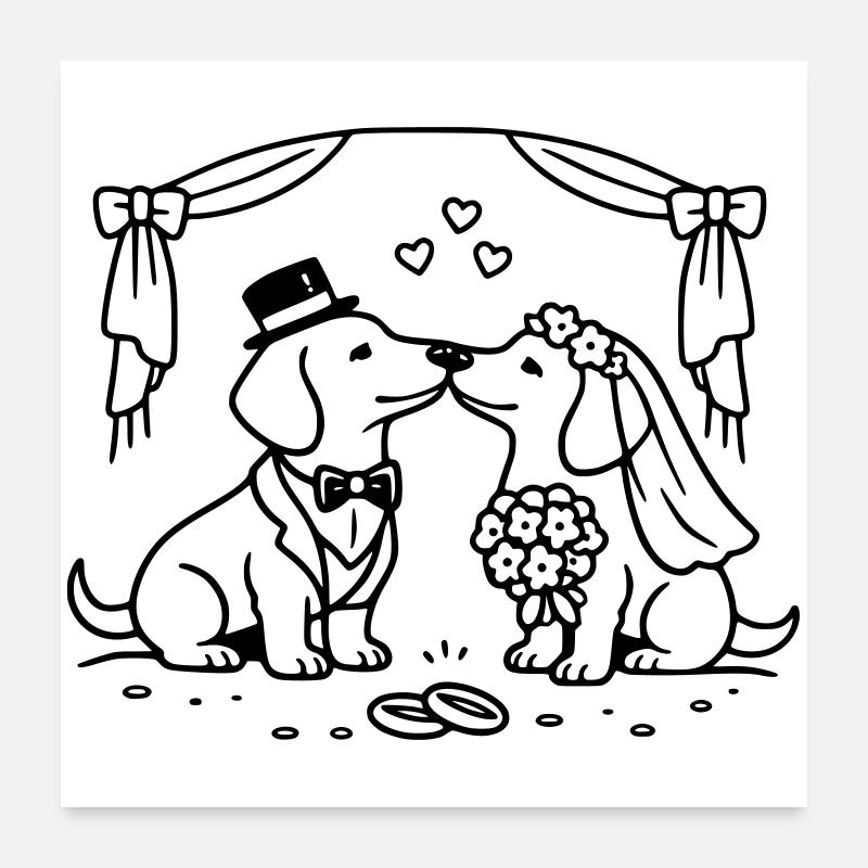 Art au trait de mariage teckel Poster 60 x 60 cm