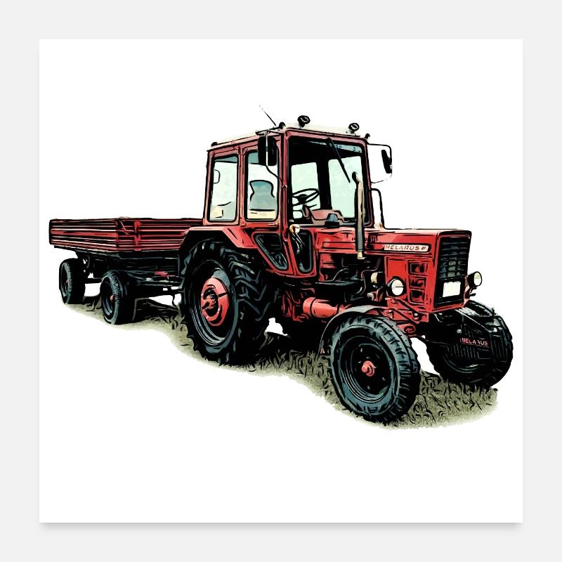 Belarus MTS 80 mit Anhänger - Poster 60x60 cm - Weiß
