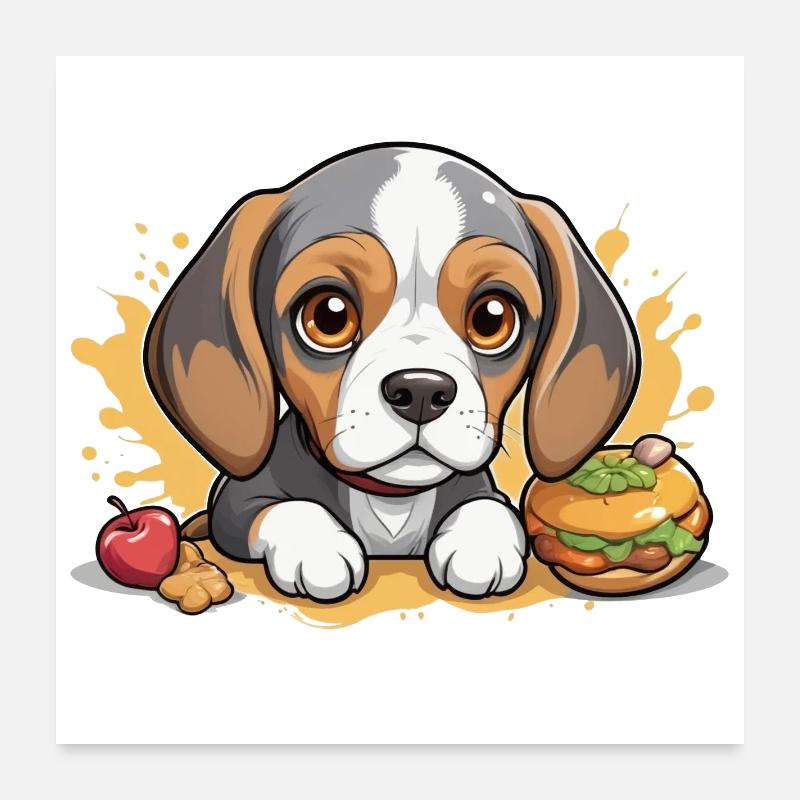 Petit chiot Beagle avec pomme et hamburger Poster 60 x 60 cm