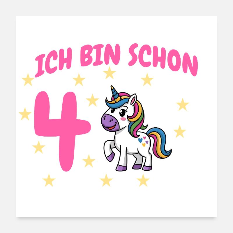 Ich bin Schon Vier Unicorn Geburtstag Poster 60x60 cm