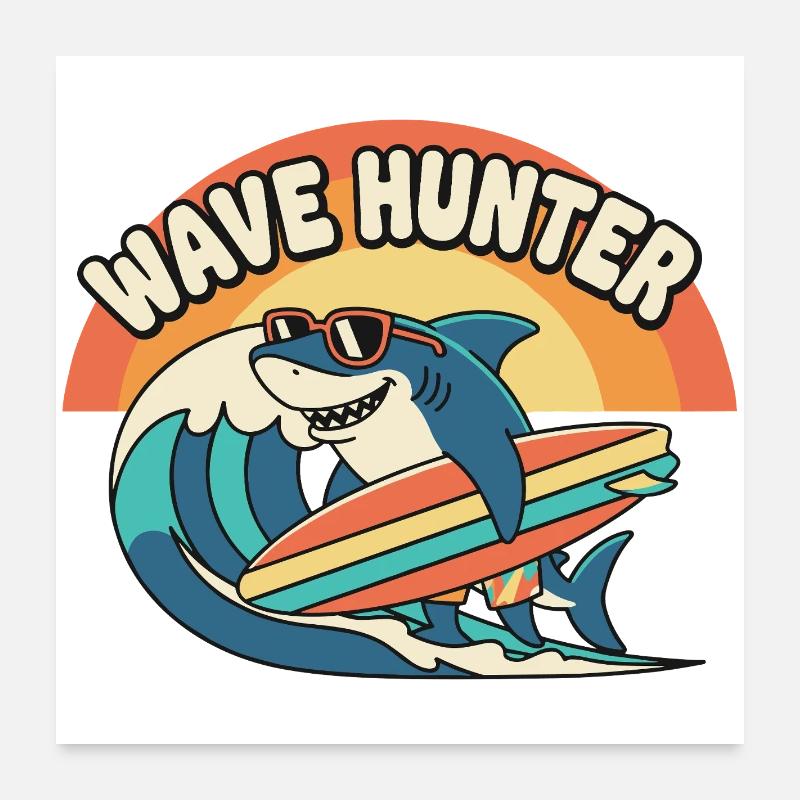 Wave Hunter Shark Surf Sunset Poster 24" x 24" (60x60 cm)