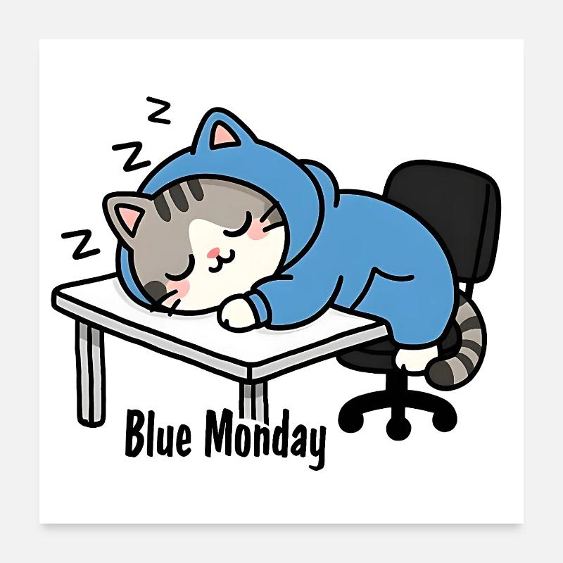 Schlafende Katze bei der Arbeit, blauer Montag Poster 60x60 cm