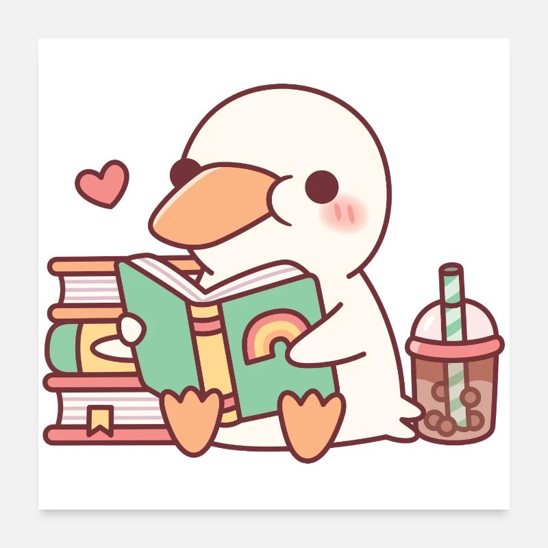 Cute White Duck Loves Reading Books Poster 24" x 24" (60x60 cm)