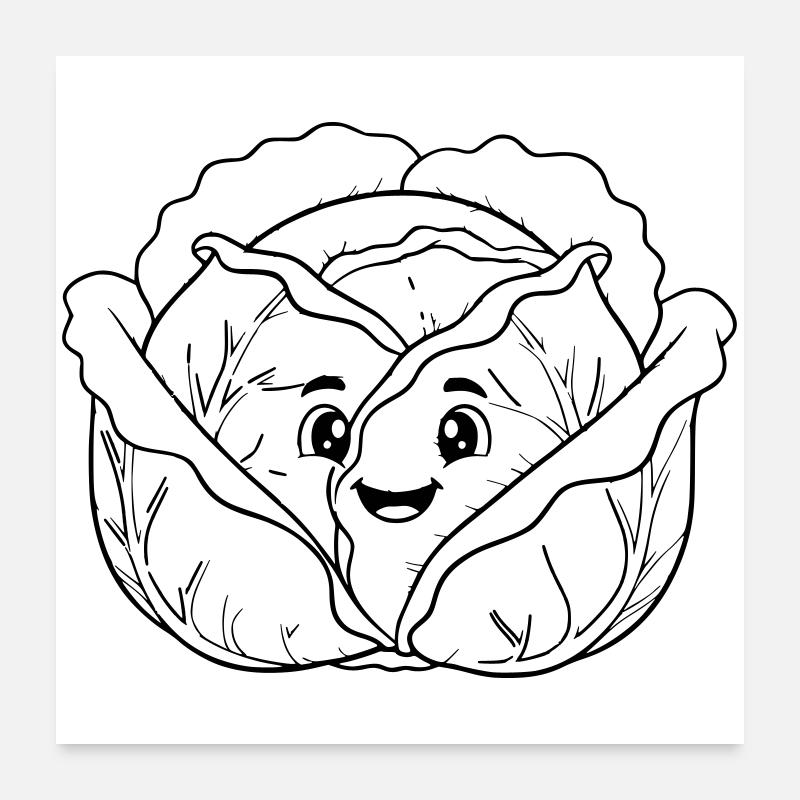 Cabbage Vegetable Kawaii Outline Poster 24" x 24" (60x60 cm)
