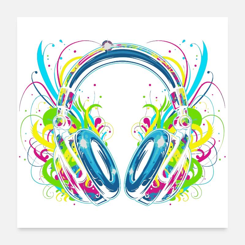Neon Headphones with Psychedelic Swirls Poster 24" x 24" (60x60 cm)