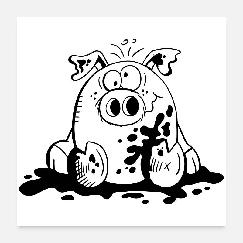 Cochon dans la boue - Cochons - Cadeau - Poster 60 x 60 cm - blanc