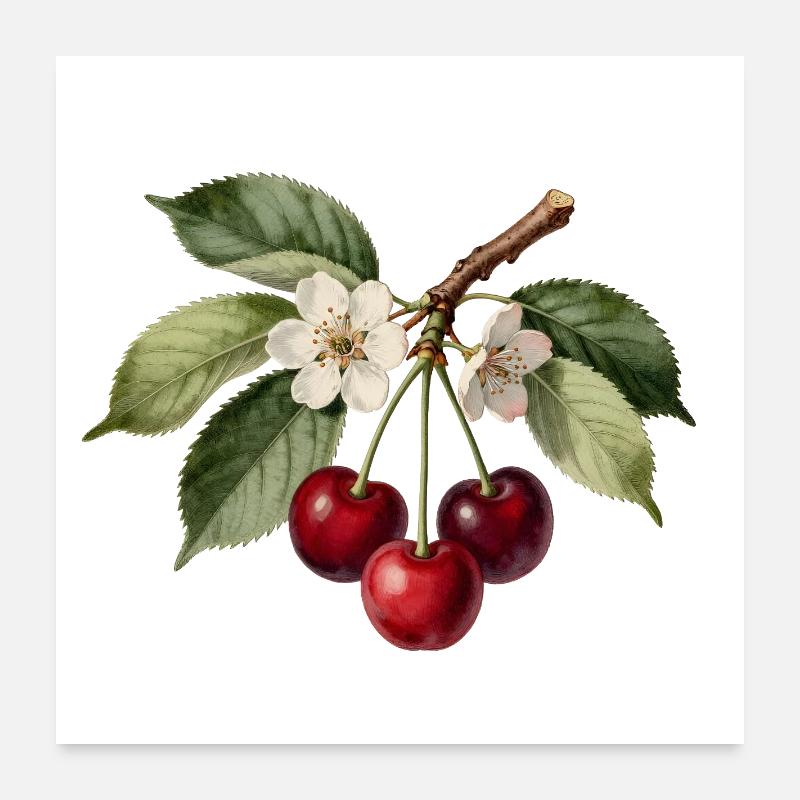 Gravure cerises et fleurs botaniques Poster 60 x 60 cm