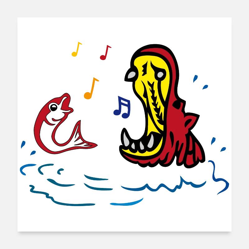 Hippo and fish sing in duet Poster 24" x 24" (60x60 cm)