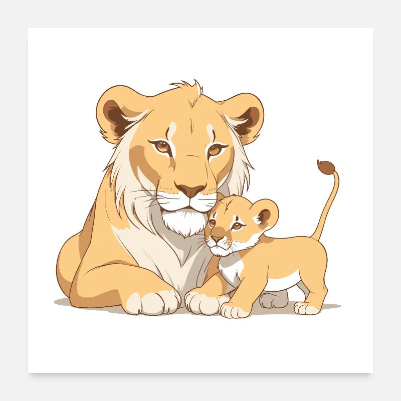 Löwenmama mit Kind - Poster 60x60 cm - Weiß