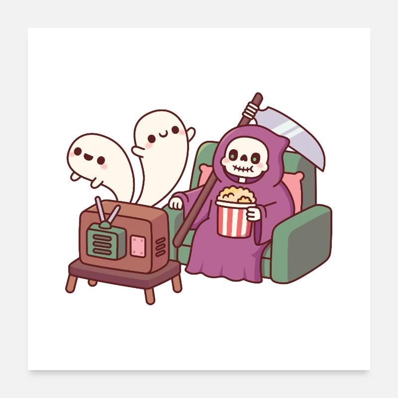Cute Grim Reaper With Popcorn And Flying Ghosts  Poster 24" x 24" (60x60 cm)