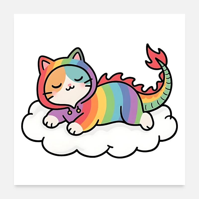 Chat dragon arc-en-ciel détendu sur nuage Poster 60 x 60 cm