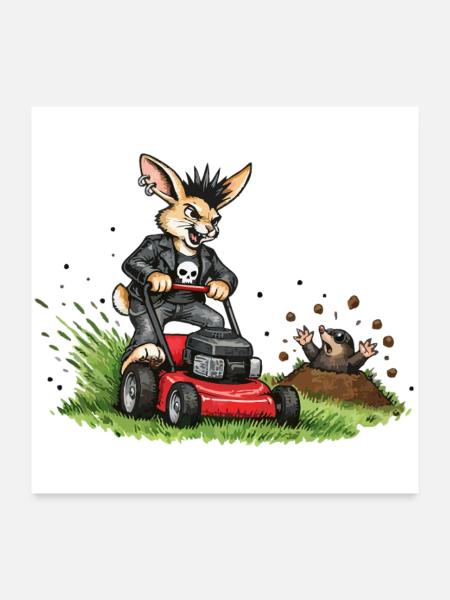Hase auf Rasenmäher – witziges Waldduo - Poster 60x60 cm - Weiß - Vorne