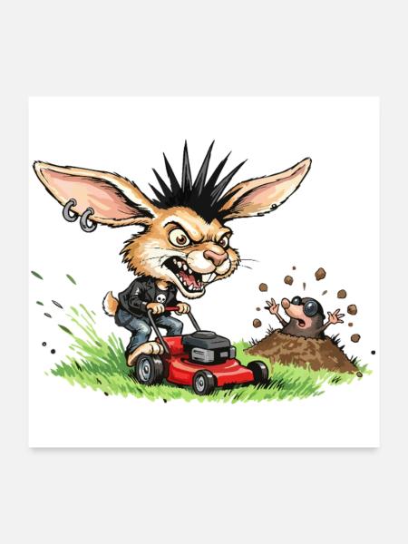 Punk Hase mit Rasenmäher gegen Maulwurf - Poster 60x60 cm - Weiß - Vorne