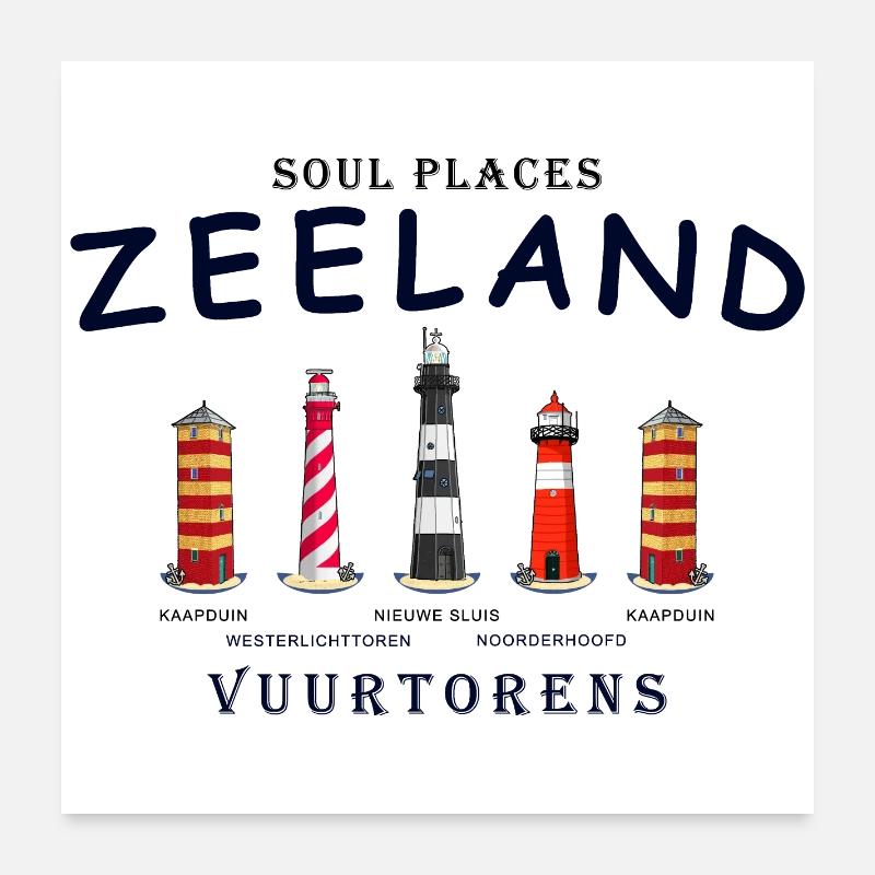 Zélande, Pays-Bas, Phares Dessin à la main Poster 60 x 60 cm