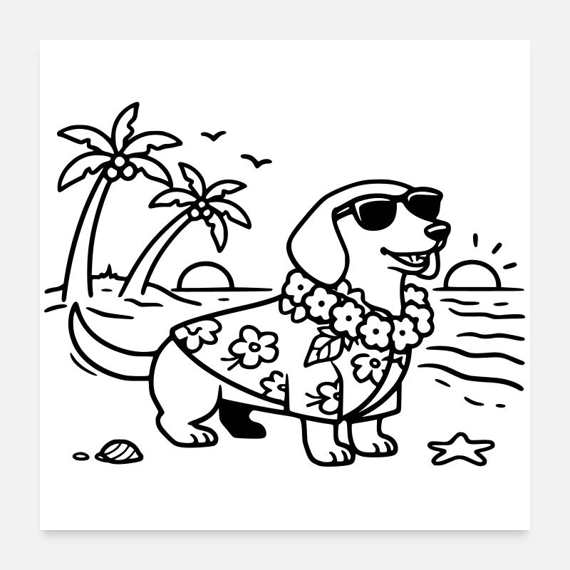 Vacances à Hawaï, mode vacances, teckel avec chien Poster 60 x 60 cm