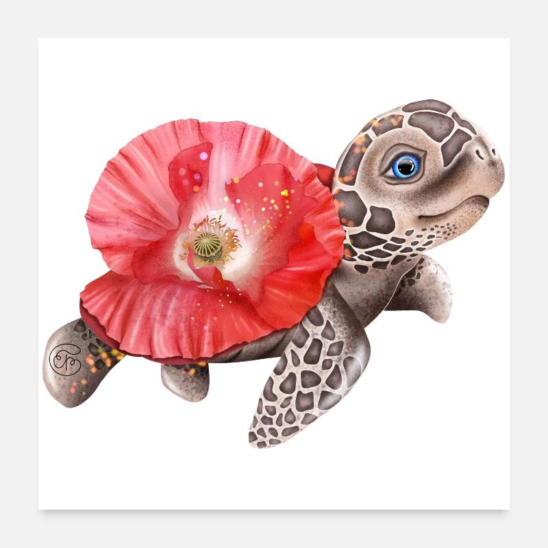 Tortue mignonne au coquelicot Poster 60 x 60 cm
