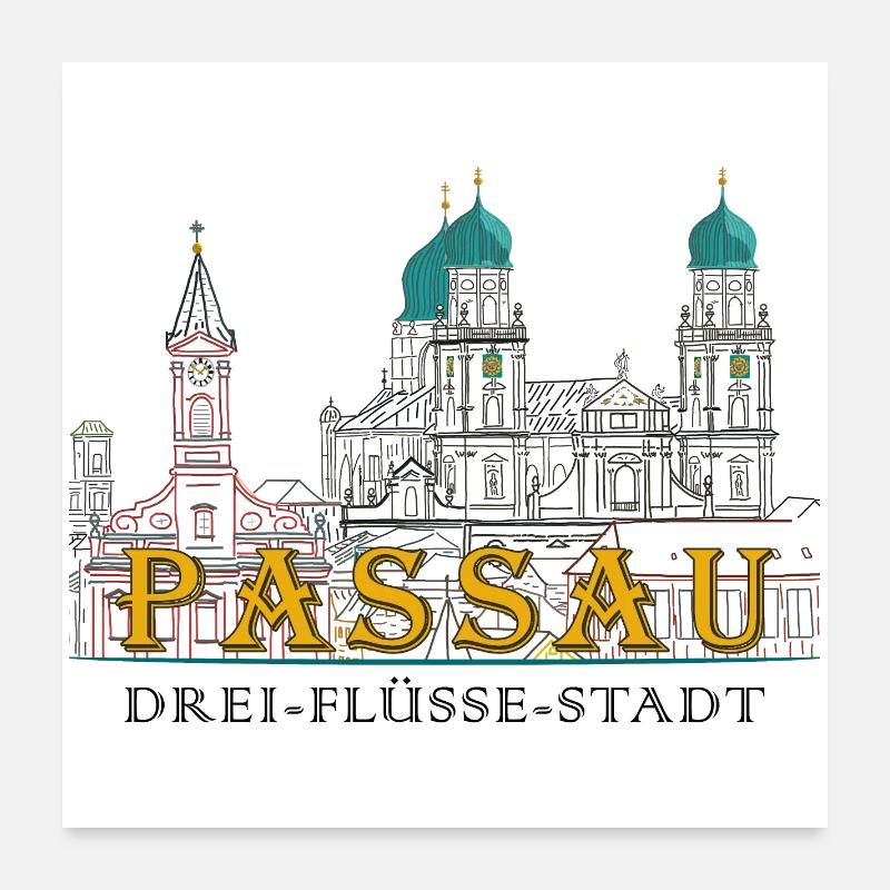 Passau Danube View, Bavaria, Germany, Drawing Poster 24" x 24" (60x60 cm)