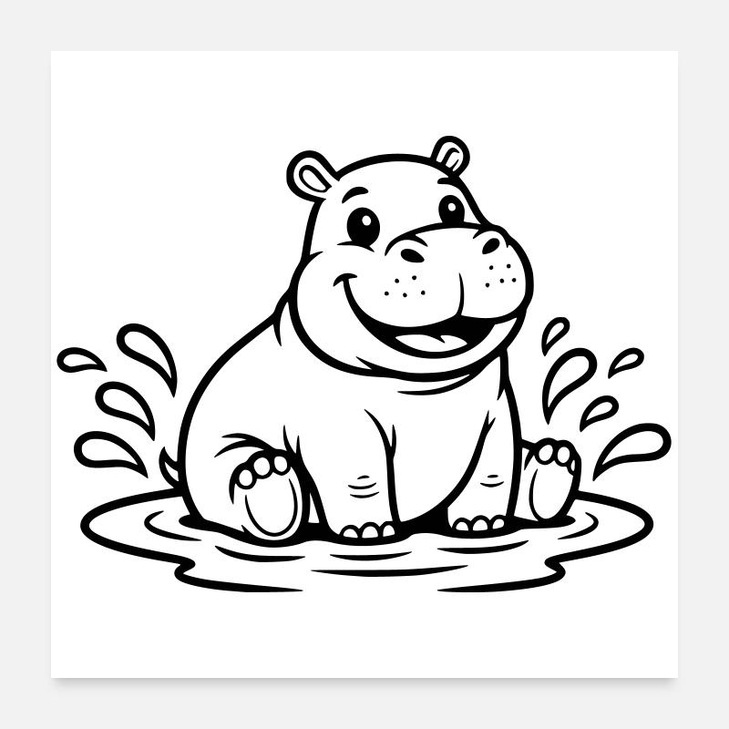 Bébé hippopotame mignon dans Water Comic Vector Poster 60 x 60 cm