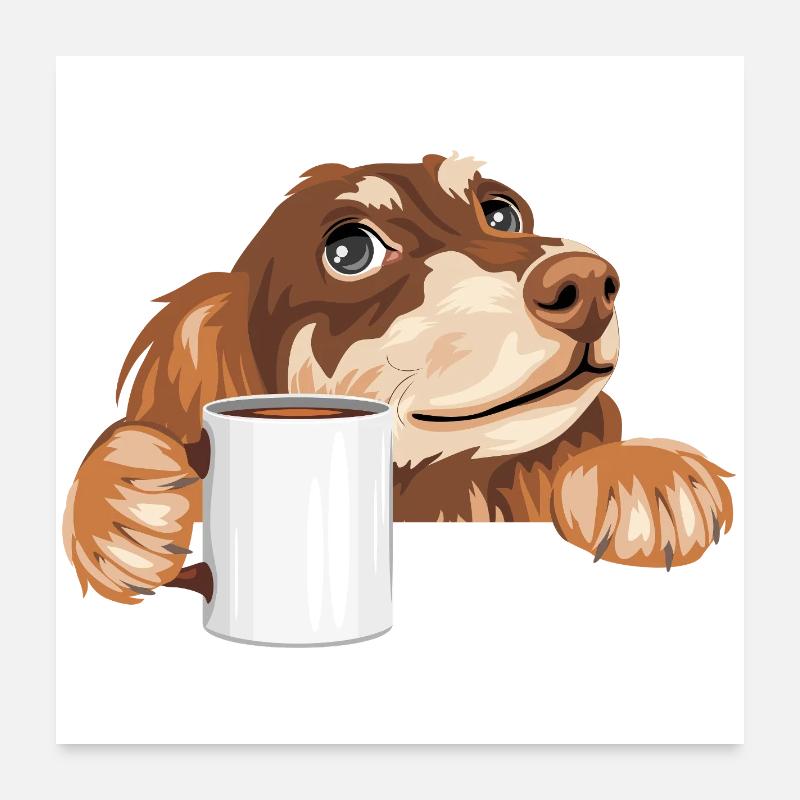 Teckel rêveur jetant un coup d’œil avec une tasse Poster 60 x 60 cm