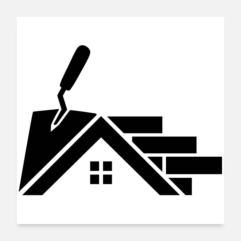 Logo Maurer avec contour de maison, truelle et briques Poster 60 x 60 cm