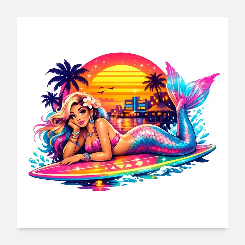 Mermaid Surfboard Retro Sunset Tropical Vibes Poster 24" x 24" (60x60 cm)