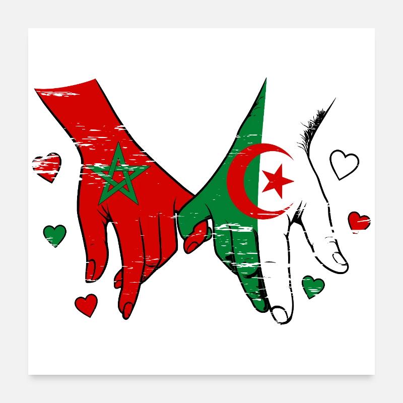 Drapeaux du Maroc Algérie tenus par la main utilisés Poster 60 x 60 cm