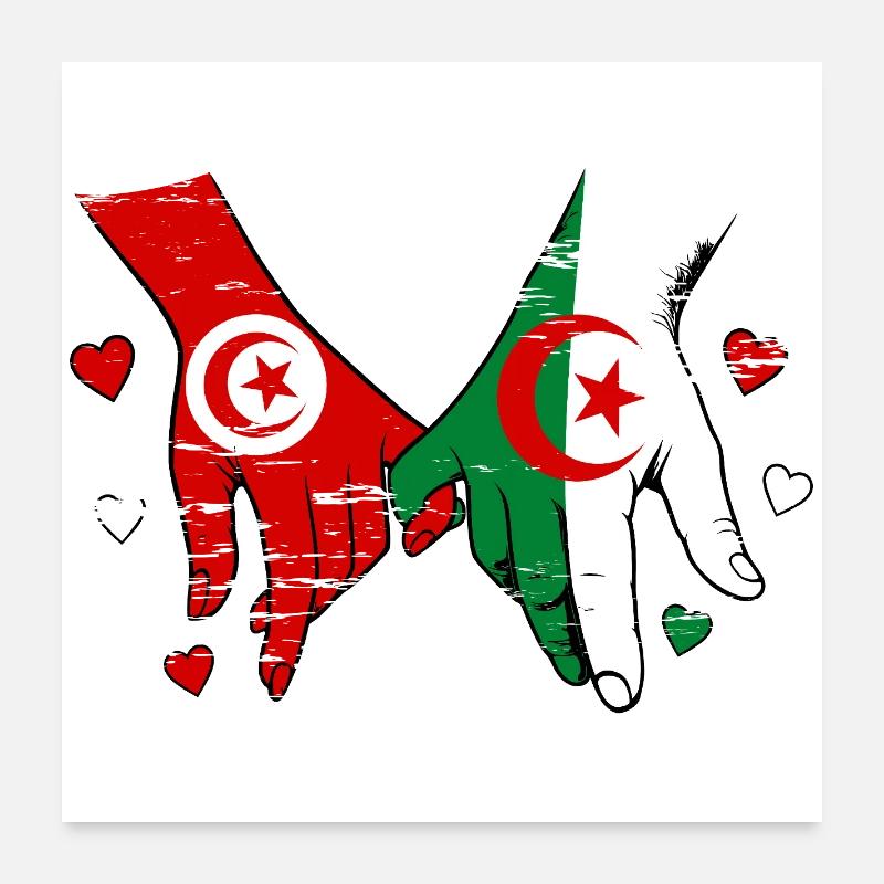 Tunisie-Algérie Drapeau main dans la main Poster 60 x 60 cm
