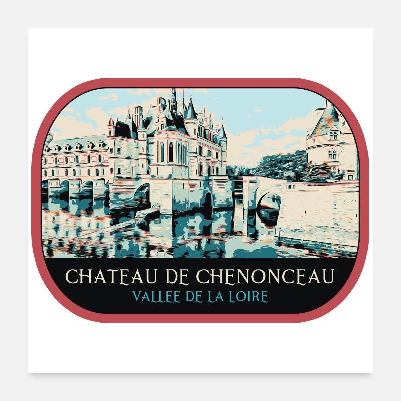 Illustration Château Chenonceau, Vallée Loire Poster 60 x 60 cm