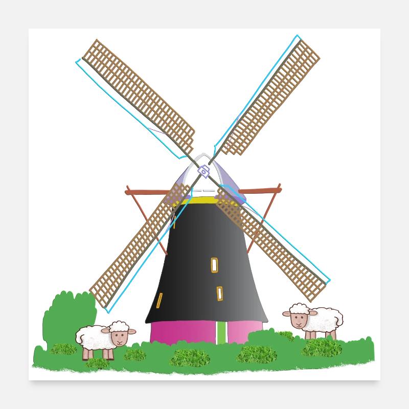 Moulin à vent avec des moutons Poster 60 x 60 cm
