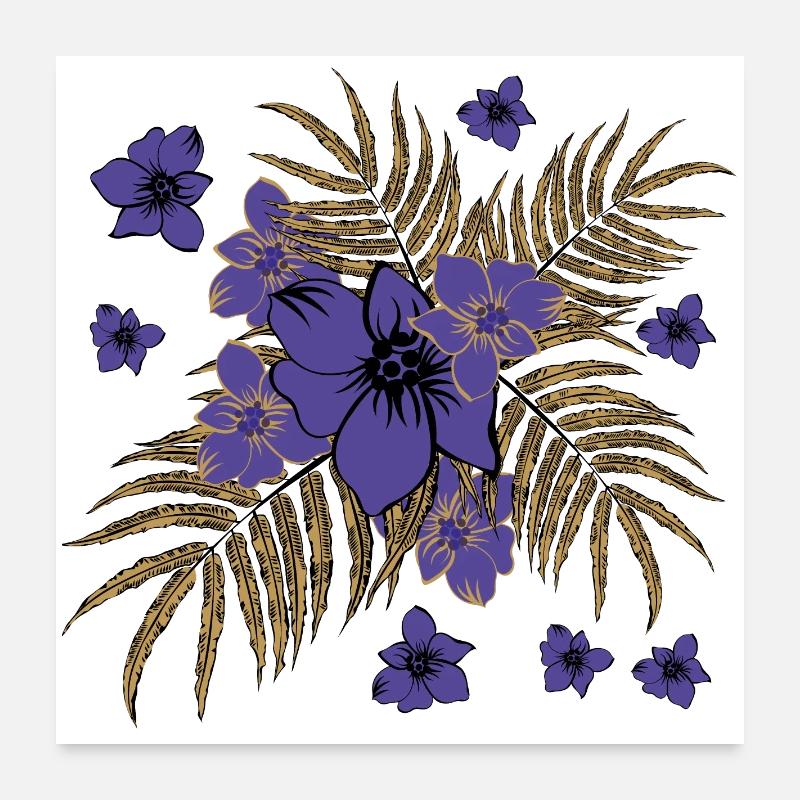 Fleurs et feuilles de palmier en design doré - Poster 60 x 60 cm - blanc