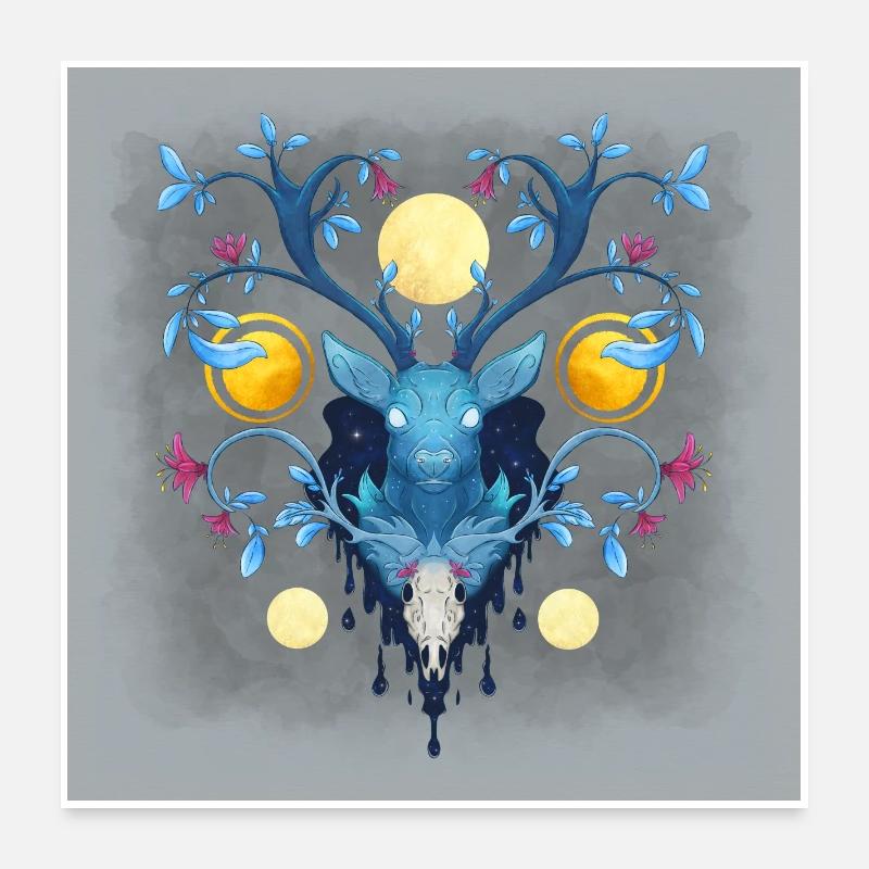 Blue Ink Spirits Posters - Cerf Nocturne Fleuri Poster 60 x 60 cm