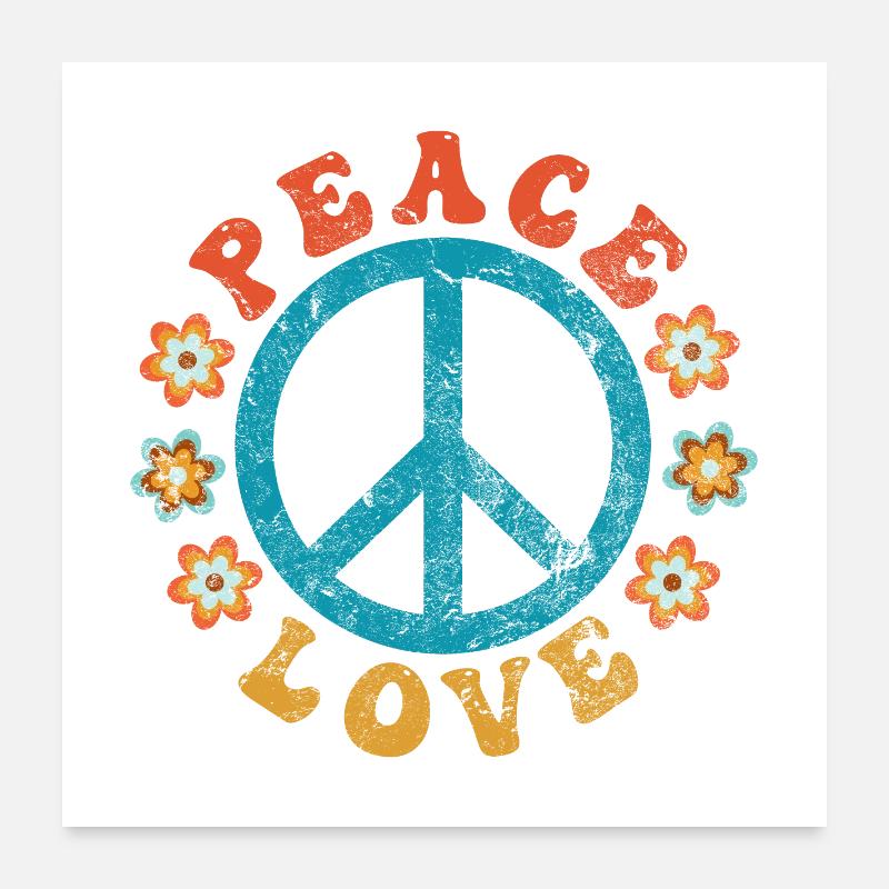 Peace & Love - Hippie Friedenszeichen mit Blumen - Poster 60x60 cm - Weiß